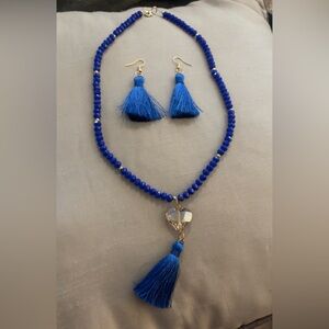 Blue and Gold Tassel Crystal Heart Necklace and Earring Set Handmade